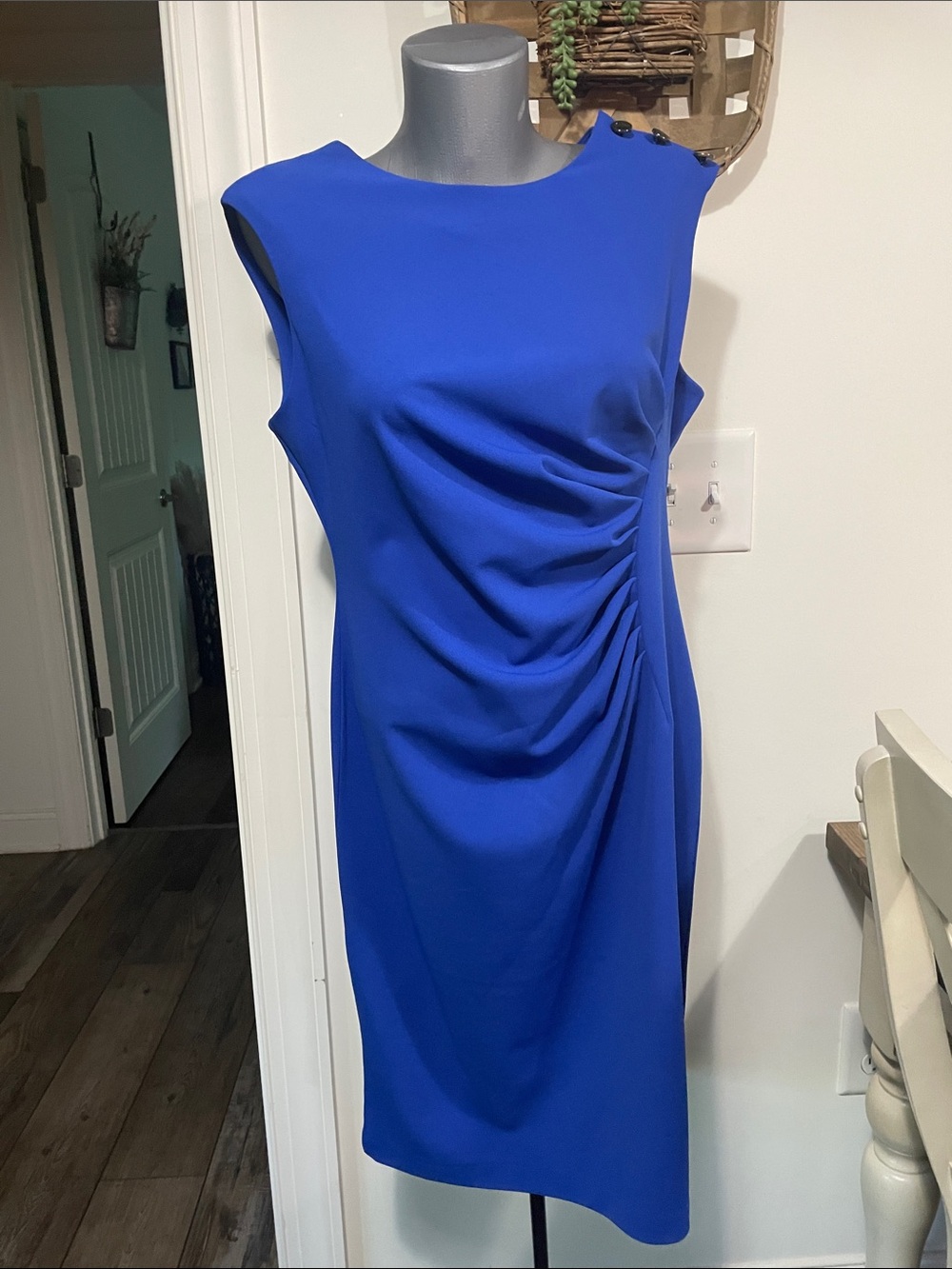 DKNY Sleeveless Cobalt Blue Ruched Sheath Dress